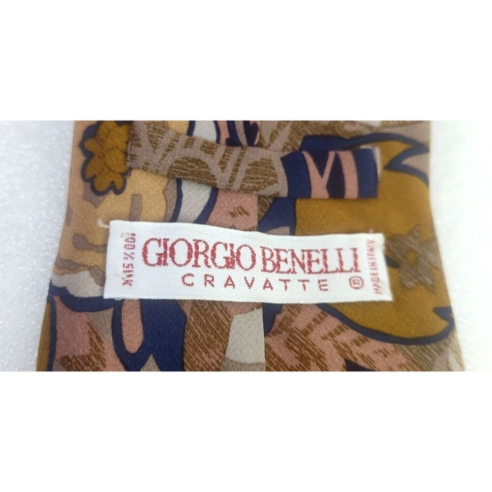 Giorgio Benelli Mens Silk Necktie Brown Multicolor Abstract 58"L  Italy 3.75" W